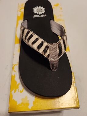 Yellow Box Black Flip Flop Sandal with Zebra-Print Strap